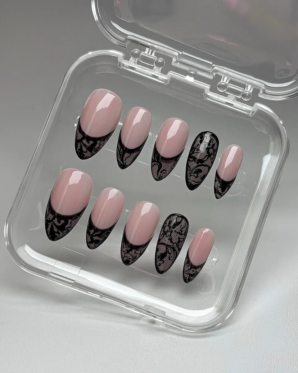 Black lace French tip press-ons